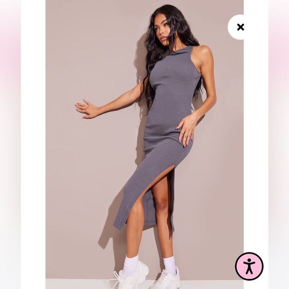 Pretty Little Thing Charcoal Cup Detail Racer Split Midi Dress - Picture 13 of 13